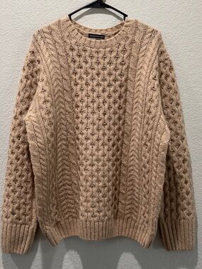 BrandyMelville Wool Cable-Knit Crewneck Sweater in Beige